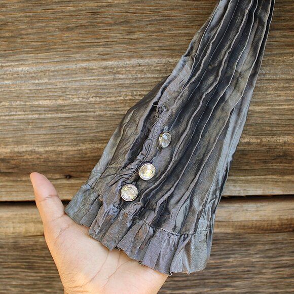 'Agora' silver metallic crinkled rhinestone button down long sleeve top - Picture 3 of 6